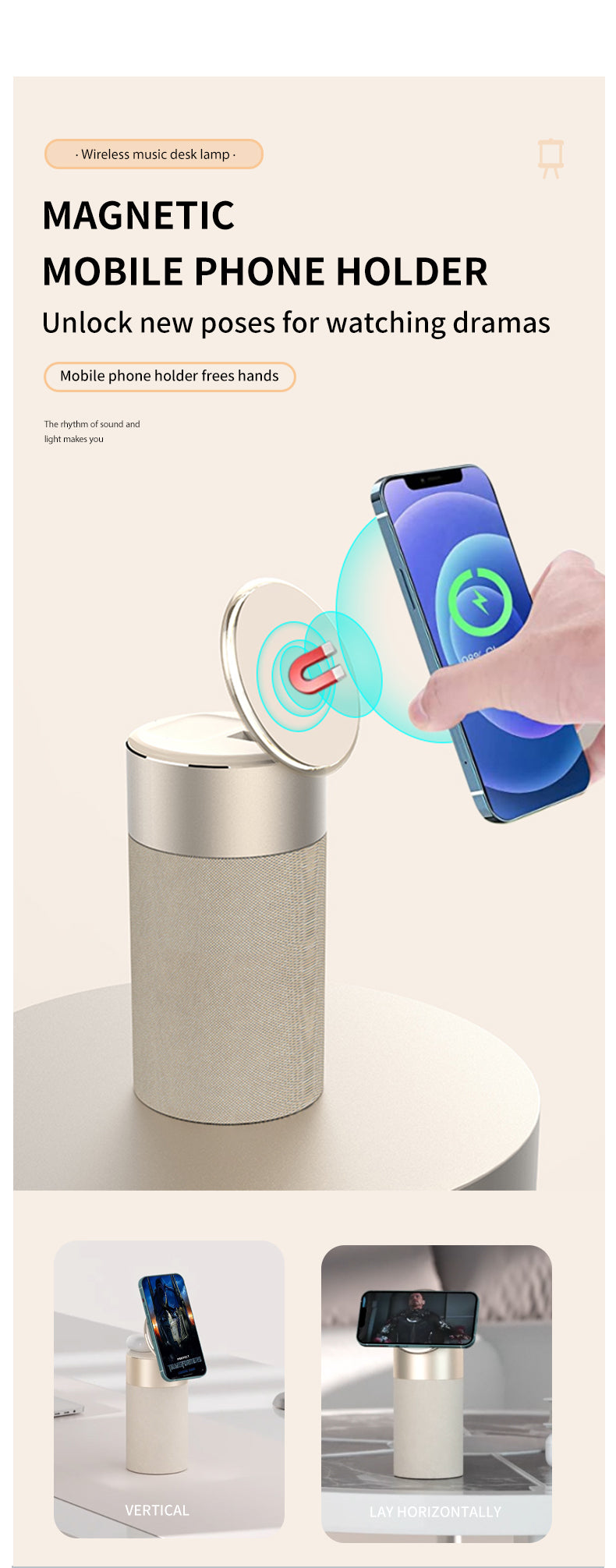 WLC-SL048-SM Magnetic wireless charge + Bluetooth speaker + Mood lights