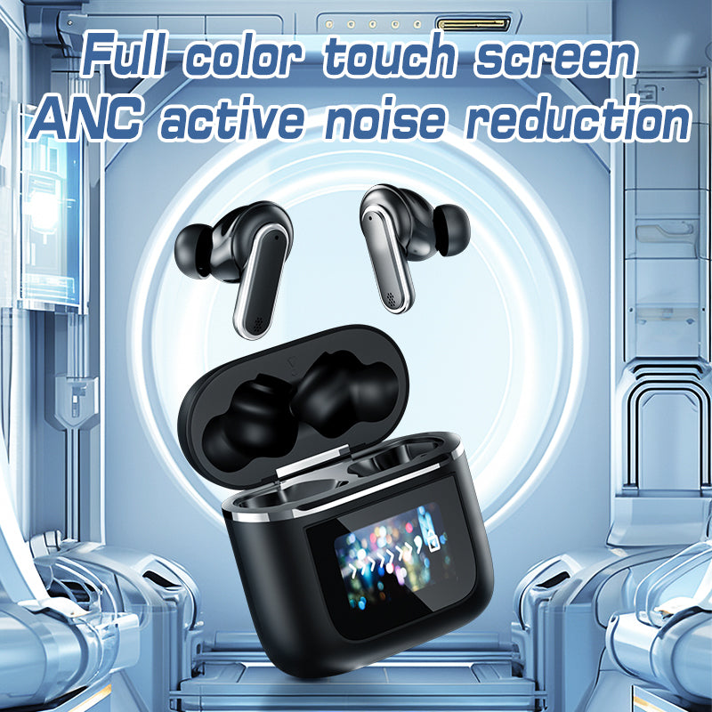 HDEB-TWS002 ANC Noise Cancelling Earbuds with Full-Color LED Display HD In-Ear Headphones with Touchscreen Controls Waterproof Design earbuds