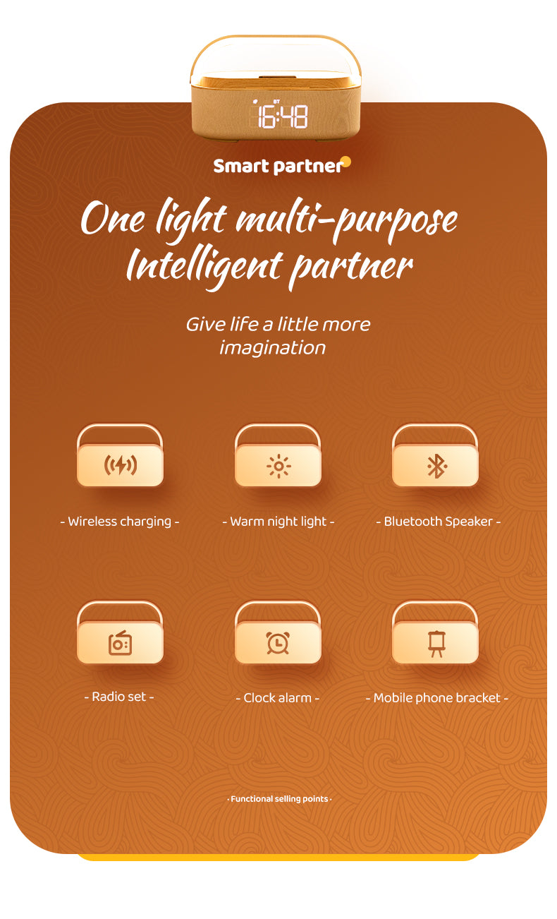 WLC-SL056-SM Bluetooth Speaker + FM + wireless charger + night lights + alarm clock