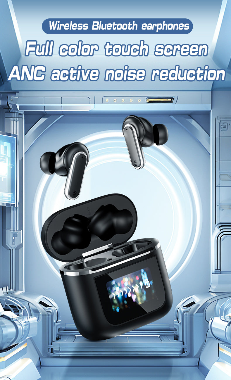 HDEB-TWS002 ANC Noise Cancelling Earbuds with Full-Color LED Display HD In-Ear Headphones with Touchscreen Controls Waterproof Design earbuds