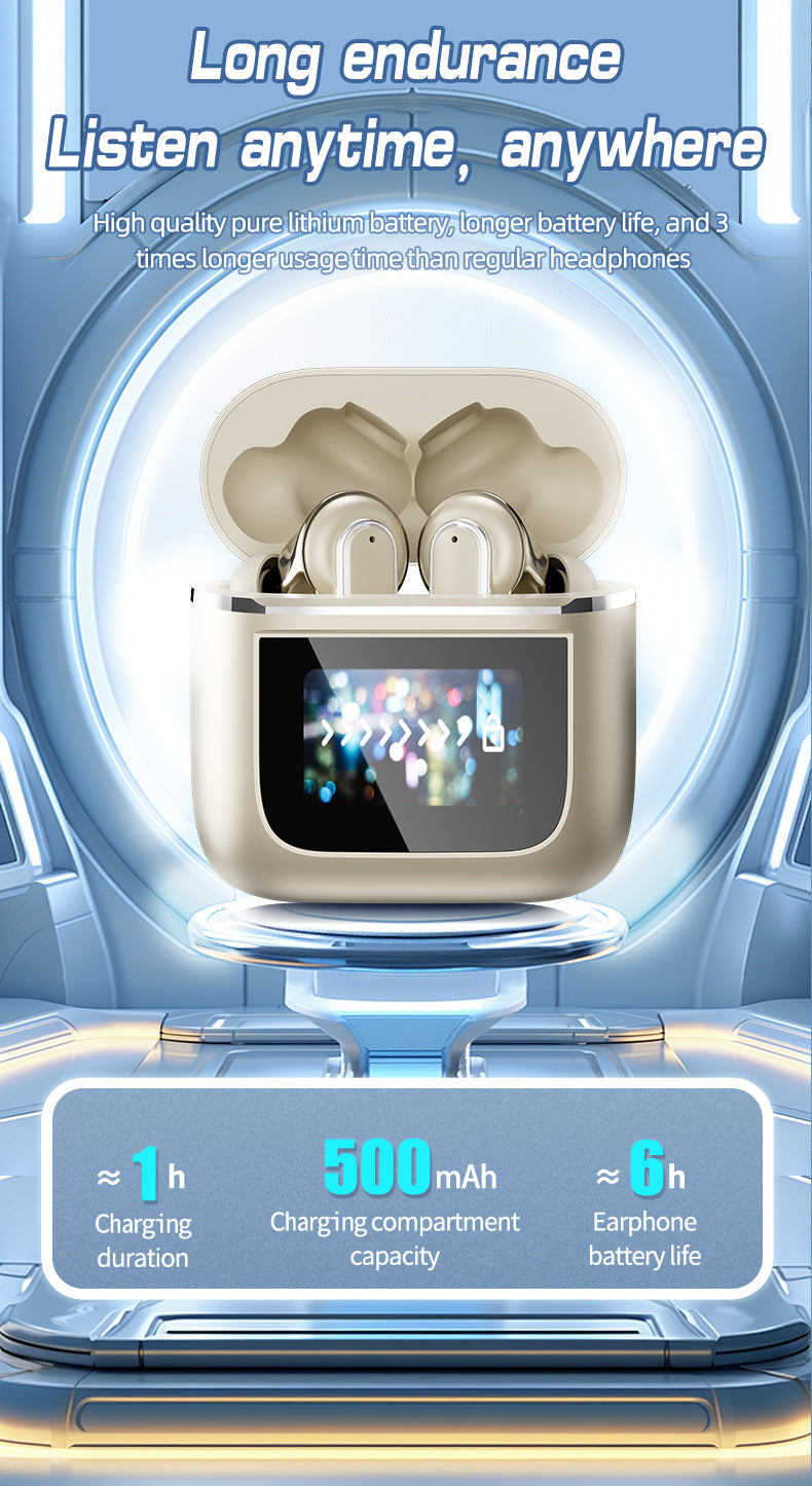 HDEB-TWS002 ANC Noise Cancelling Earbuds with Full-Color LED Display HD In-Ear Headphones with Touchscreen Controls Waterproof Design earbuds