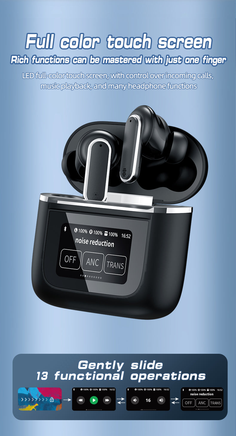 HDEB-TWS002 ANC Noise Cancelling Earbuds with Full-Color LED Display HD In-Ear Headphones with Touchscreen Controls Waterproof Design earbuds