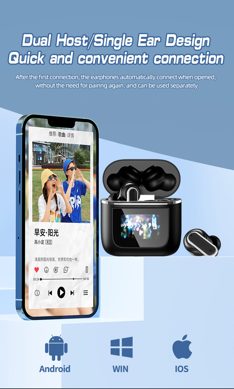 HDEB-TWS002 ANC Noise Cancelling Earbuds with Full-Color LED Display HD In-Ear Headphones with Touchscreen Controls Waterproof Design earbuds