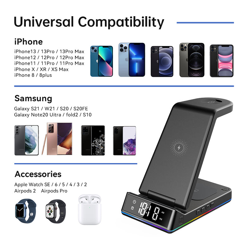 WLC-M001-XS 6-in-1 Wireless Charging Stand With Lighting Cable and USB/A Output