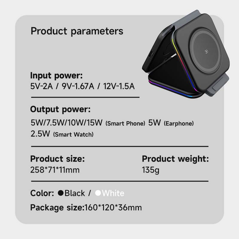 WLC-M003-AD 3-in-1 Portable Ultra-thin Magnetic Foldable Fast Wireless Charger Pad