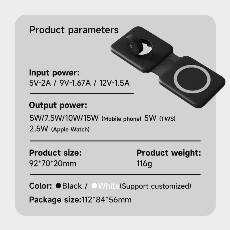 WLC-M008-AD 3-in-1 Portable Ultra-thin Magnetic Foldable Fast Wireless Charger Pad