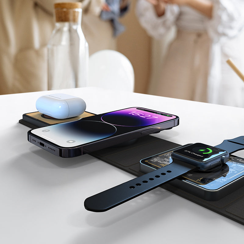 WLC-M006-AD 3-in-1 Unique Portable Ultra-thin Magnetic Foldable Fast Wireless Charger Tray