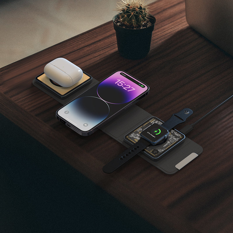 WLC-M006-AD 3-in-1 Unique Portable Ultra-thin Magnetic Foldable Fast Wireless Charger Tray