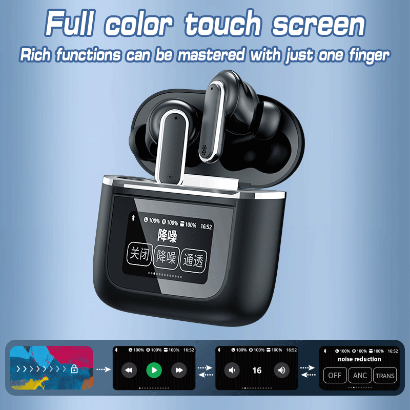 HDEB-TWS002 ANC Noise Cancelling Earbuds with Full-Color LED Display HD In-Ear Headphones with Touchscreen Controls Waterproof Design earbuds