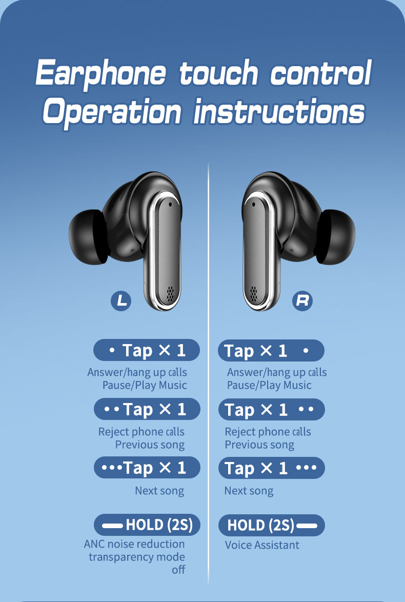HDEB-TWS002 ANC Noise Cancelling Earbuds with Full-Color LED Display HD In-Ear Headphones with Touchscreen Controls Waterproof Design earbuds