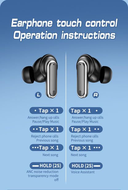 HDEB-TWS002 ANC Noise Cancelling Earbuds with Full-Color LED Display HD In-Ear Headphones with Touchscreen Controls Waterproof Design earbuds