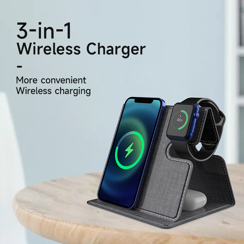 WLC-M010-AD 3-in-1 Ultra-thin PU Leather Foldable Fast Wireless Charger Stand