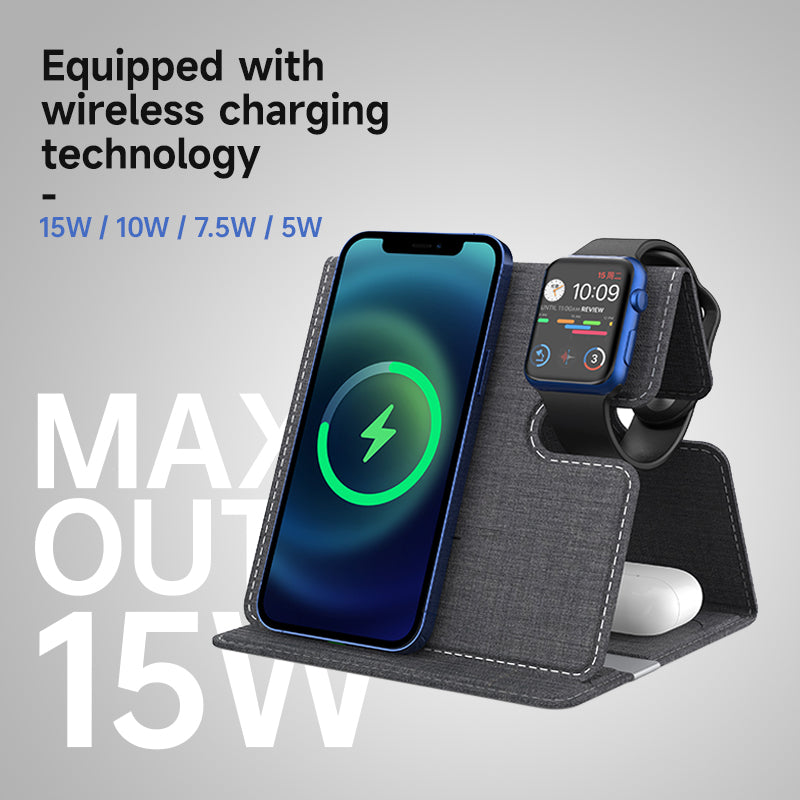 WLC-M010-AD 3-in-1 Ultra-thin PU Leather Foldable Fast Wireless Charger Stand