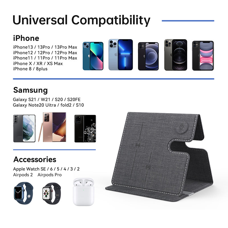 WLC-M010-AD 3-in-1 Ultra-thin PU Leather Foldable Fast Wireless Charger Stand