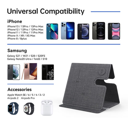 WLC-M010-AD 3-in-1 Ultra-thin PU Leather Foldable Fast Wireless Charger Stand