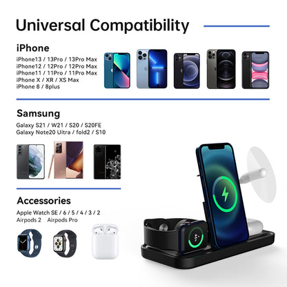 WLC-L020-AD 4-in-1 Foldable Wireless Charging Stand with LED Light & USB-A Fan