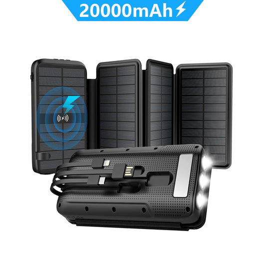 Multifunctional PD20W 20000mAh self-contained cable outdoor waterproof wireless charging treasure solar power bank