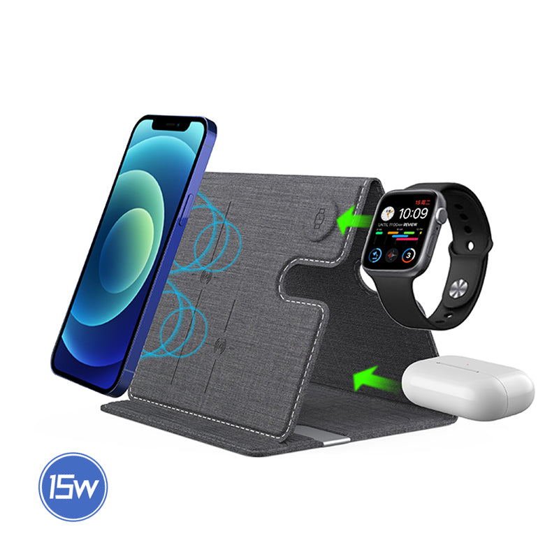 WLC-M010-AD 3-in-1 Ultra-thin PU Leather Foldable Fast Wireless Charger Stand