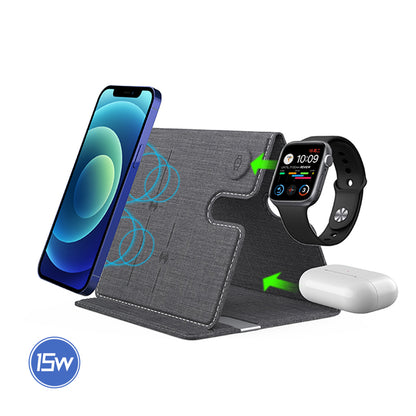 WLC-M010-AD 3-in-1 Ultra-thin PU Leather Foldable Fast Wireless Charger Stand