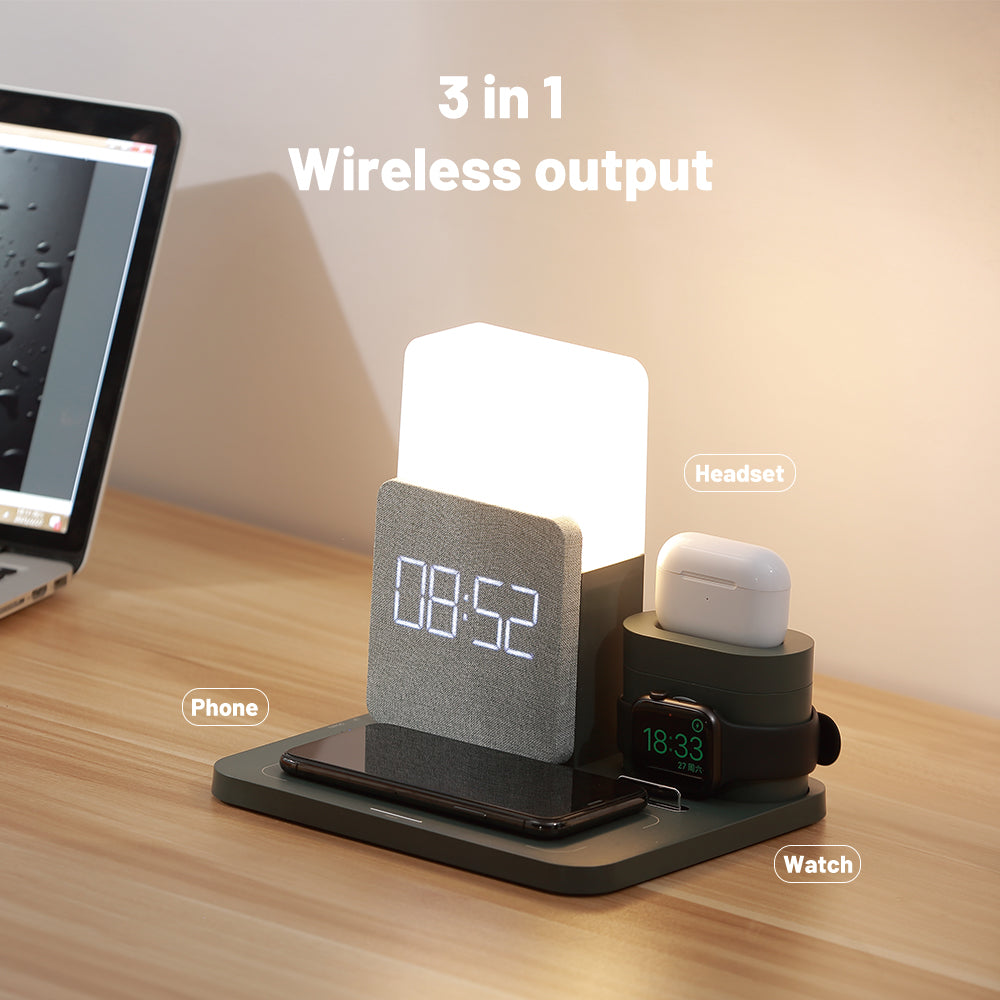 WLC-L038-SM 5-in-1 Wireless Charging Station with LED Lamp & Alarm Clock